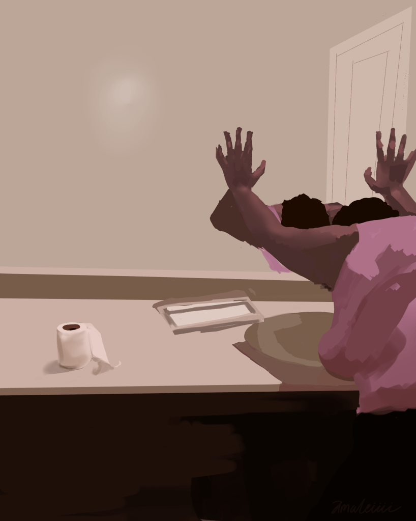 a sketch of a figure holding onto the mirror in the bathroom in shame. this drawing represents shame and not being able to face oneself.