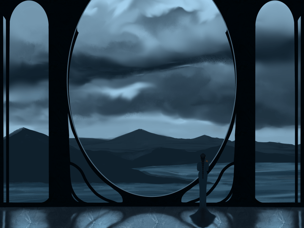 a blue drawing featuring a woman looking longingly at the mountains outside the castle shes in. landscape illustration drawn by amaleiiii
