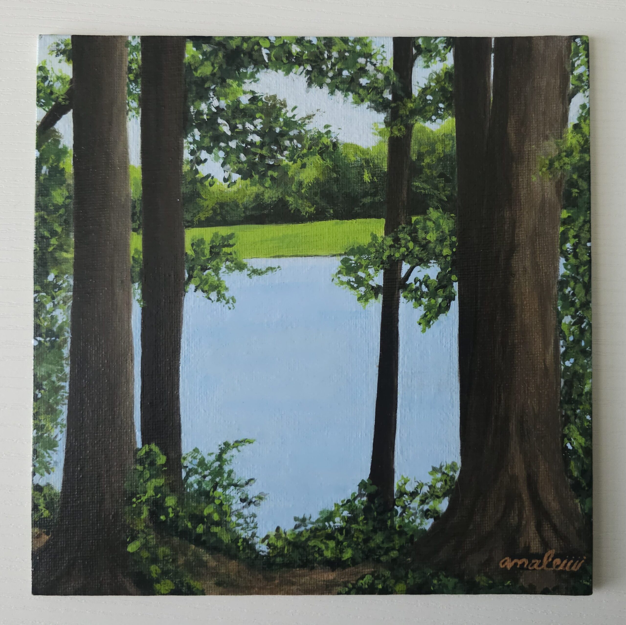 First acrylic painting of Artist, Amaleiiii. It contains a view of a lake surrounded by trees on the side. 

Its 8 by 8 inches using acryling paint and a painting panel. 

It is currently completed and available for pre-ordering by contacting the artist at amaleiiii.art@gmail.com. 